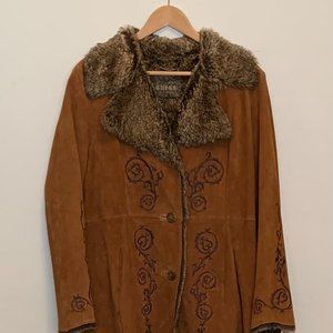 Guess Suede Leather Embroidered Coat XL